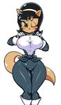  2017 5_fingers anthro big_breasts black_hair blush breasts cat cleavage clothed clothing digital_media_(artwork) exhibitionism feline female frown fur gloves green_eyes hair hi_res kitty_katswell large_hips lollipopcon long_tail looking_at_viewer mammal nickelodeon nipples one_eye_closed open_shirt pose presenting presenting_breasts simple_background solo standing t.u.f.f._puppy tan_fur thick_thighs tight_clothing white_background 