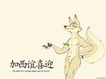  2006 4:3 animal_genitalia anthro armband armorine balls canid canine chinese_text claws dimple english_text genitals male mammal nude pawpads penis sheath smile solo text 