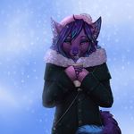  2017 anthro blue_eyes canine clothed clothing digital_media_(artwork) female hair mammal purple_hair purple_nose robyn_paperdoll snow snowing solo 