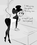  2017 anthro barefoot black_fur butt clothing digital_media_(artwork) disney english_text eyelashes female filthypally fur gloves half-closed_eyes inminent_sex leaning leaning_forward long_eyelashes looking_back mammal minnie_mouse monochrome mouse open_mouth presenting presenting_hindquarters pussy raised_tail rear_view rodent shower_room solo text towel 