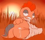  2017 3_fingers after_sex anthro anus balls black_eyes butt clothed clothing cum cum_bubble cum_in_ass cum_inside cum_leaking cum_on_butt grass half-closed_eyes looking_at_viewer looking_back lying male mohawk nintendo orange_body outside pants_down partially_clothed perineum pok&eacute;mon pok&eacute;mon_(species) presenting presenting_hindquarters scrafty solo spread_butt spreading sunset thanu video_games 
