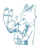  &lt;3 2017 anthro blue_and_white boop canine clothed clothing disney duo ear_markings eye_contact facial_markings fox fuel_(artist) hug jack_savage lagomorph male male/male mammal markings monochrome necktie nick_wilde rabbit side_view simple_background standing white_background zootopia 