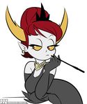  breakfast_at_tiffanys breasts cigar clothing crown dankodeadzone demon disney ear_piercing elbow_spikes fancy_dress fangs female hair half-closed_eyes hekapoo horn humanoid jewelry necklace orange_pupils pale_skin piercing pointy_ears red_hair solo spikes star_vs._the_forces_of_evil suspicious white_skin yellow_eyes 