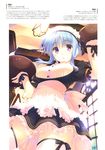  absurdres bangs blue_hair blush breasts dress eyebrows_visible_through_hair highres holding holding_tray ilfa indoors looking_at_viewer maid_headdress medium_breasts mitsumi_misato official_art open_mouth puffy_sleeves purple_eyes scan short_dress short_hair short_sleeves solo thighhighs to_heart_2 tray waitress window 