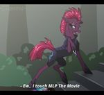  2017 blue_eyes broken_horn clenched_teeth clothed clothing digital_media_(artwork) english_text equine female feral footwear friendship_is_magic fur hair half-closed_eyes horn horse looking_back looking_down mammal my_little_pony my_little_pony_the_movie pink_hair pony purple_fur purple_hair scar smile solo stairs sunny_way teeth tempest_shadow_(mlp) text 