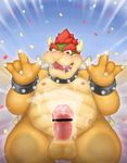  2017 anthro balls belly big_belly blue_eyes blush bowser censor_bar censored claws clothing collar confetti cum cum_on_hand cum_on_self cum_on_stomach erection facial_hair green_scales horn humanoid_penis koopa male mario_bros mustache nintendo nipples nude open_mouth penis presenting reptile reuben_(artist) scales scalie shirt smile solo spiked_armlet spiked_collar spikes standing video_games yellow_scales 