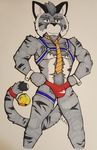  anthro armband beard bell bulge clothed clothing facial_hair feline fluffy hairy harness hokshi male mammal muscular muscular_male mustache necktie solo speedo swimsuit tiger underwear 