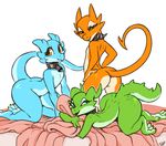  2017 ambiguous_gender bedding bell blanket claws collar dragon flat_chested group kobold looking_at_viewer nude scalie smile sorcerushorserus 