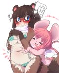  2017 ?! anthro belly black_nose blue_eyes blush bra breasts brown_fur brown_hair camel_toe clothed clothing deep_navel duo eyes_closed eyewear female female/female fur glasses grabbing_from_behind hair hug japanese_text mammal mouse navel open_mouth open_smile panties pink_fur pink_hair rodent simple_background skimpy slightly_chubby smile standing tanuki text underwear white_background youki 