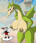  2017 animate_inanimate anthro areola big_breasts breasts claws cuphead_(character) cuphead_(game) dragon el-loko fangs female grim_matchstick half-closed_eyes humanoid male nipples object_head pussy spikes teeth 