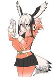  2017 animal_humanoid avian avian_humanoid bird black_hair bone clothed clothing feathered_wings feathers female fur_collar gloves hair head_wings headphones holding_object humanoid jacket kemono_friends legwear multicolored_hair open_mouth red_hair red_sclera short_hair signature skirt solo tights vulture white_eyes white_hair wings yoshida_hideyuki 