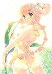  absurdres ass bangs bare_shoulders blonde_hair braid eyebrows_visible_through_hair flower green_eyes hair_flower hair_ornament highres leotard long_hair looking_at_viewer looking_back mitsumi_misato official_art open_mouth petals plant scan silfa single_braid solo to_heart_2 to_heart_2_dungeon_travelers 