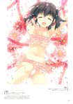  absurdres arm_up armpits bangs bikini breasts closed_eyes collarbone confetti eyebrows_visible_through_hair flower frilled_bikini frills happy highres mitsumi_misato navel official_art pink_bikini scan short_hair short_twintails simple_background small_breasts smile solo swimsuit to_heart_2 twintails yuzuhara_konomi 