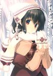  absurdres bangs beanie brown_hair coat eyebrows_visible_through_hair gloves hat highres looking_at_viewer mitsumi_misato official_art outdoors print_gloves red_eyes scan scarf short_hair solo sweater to_heart_2 tree upper_body winter_clothes yuzuhara_konomi 