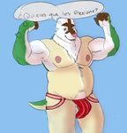  2016 armadillo balls barazoku barely_visible_genitalia belly bulge carpemortem_(artist) chesnaught clothing elijah_ortiz jockstrap male mammal nintendo nipples pecs penis pok&eacute;mon pok&eacute;mon_(species) raised_arm simple_background solo underwear video_games 