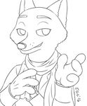  2016 anthro bandolier black_and_white bust_portrait canine clothed clothing cosplay crossover disney fox gesture gloves half-closed_eyes konami male mammal meme metal_gear monochrome nick_wilde parody portrait revolver_ocelot scarf signature simple_background smile smirk solo tggeko video_games white_background zootopia 