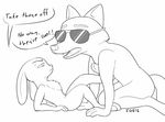  2016 anthro canine dewlap dialogue disney duo english_text eyewear female fox greyscale imminent_sex judy_hopps kneeling lagomorph male mammal monochrome nick_wilde nude rabbit side_view signature simple_background sunglasses text tggeko white_background zootopia 