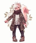  2018 5_fingers ambiguous_gender anthro boots brown_clothing cheek_tuft claws clothing coat digital_media_(artwork) ear_piercing fluffy fluffy_tail footwear full-length_portrait fur hair leaves looking_at_viewer mammal mephitid orange_eyes pants pawpads piercing pigeon_toed pink_fur pink_nose plant ponytail portrait pose scarf shirt shoes signature simple_background skunk smile standing tuft white_background white_fur white_hair zuekrz 
