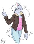  anthro blue_pants brown_jacket canine clothing doopcity jeans mammal middle_finger pants pink_shirt pretty_cure simple_background solo white_background wolf wolfrun 