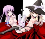  blonde_hair breasts condom condom_in_mouth dateya_torahachi garter_belt hat kirisame_marisa lingerie lowleg lowleg_panties medium_breasts mouth_hold multiple_girls panties patchouli_knowledge small_breasts thighhighs topless touhou underwear witch_hat 