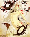  albino amaterasu animal_ears arched_back breasts dog_ears ferazhin long_hair markings nude ookami_(game) personification petals red_eyes small_breasts solo tail white_hair wolf_ears wolf_tail 