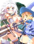  bad_id bad_pixiv_id blonde_hair blue_eyes blush boots breasts bt_(shio_oninko) flat_chest gloves green_eyes hat horn kirin_(armor) large_breasts monster_hunter multiple_girls nipples panties rian_(armor) skirt striped striped_panties sweat sword thigh_boots thighhighs underwear weapon white_hair 