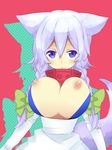  animal_ears bad_id bad_pixiv_id blue_eyes bouncing_breasts braid breasts collar dog_ears dog_tail highres izayoi_sakuya kemonomimi_mode kotobuki_(medetai) large_breasts nipples short_hair silver_hair solo tail touhou twin_braids 