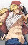  5_(1boshi) abs baseball_cap blonde_hair blush denim embarrassed fatal_fury fingerless_gloves gloves hair_down hat hat_over_eyes jeans long_hair male_focus muscle nipples open_mouth pants ponytail solo tank_top terry_bogard the_king_of_fighters undressing vest 