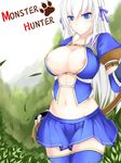  asuru_(armor) bad_id bad_pixiv_id belt blue_eyes breasts cleavage dean highres large_breasts long_hair monster_hunter navel nipple_slip nipples ribbon skirt solo thighhighs wet white_hair zettai_ryouiki 