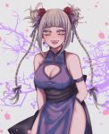 bangs blonde_hair blush boku_no_hero_academia breasts china_dress chinese_clothes double_bun dress fangs flower hair_flower hair_ornament highres large_breasts long_hair mikan_(artist) open_mouth simple_background toga_himiko 