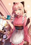  :d ahoge alternate_costume artist_name artoria_pendragon_(all) black_bow blonde_hair blush bow breasts brown_legwear cake choker cleavage closed_mouth coffee coffee_mug commentary_request cup enmaided eyebrows_visible_through_hair fate/extra fate/grand_order fate/stay_night fate_(series) food gloves green_eyes hair_bow hand_on_own_cheek highres japanese_clothes koha-ace looking_at_viewer looking_to_the_side maid maid_headdress medium_breasts mug multiple_girls nero_claudius_(fate) nero_claudius_(fate)_(all) nonono okita_souji_(fate) okita_souji_(fate)_(all) open_mouth saber short_hair smile standing thighhighs white_gloves yellow_eyes zettai_ryouiki 