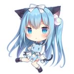  amashiro_natsuki animal_ears bangs black_bow black_legwear blue_eyes blue_hair blue_neckwear blush bow bowtie cat_ears cat_girl cat_tail chibi collared_shirt commentary_request eyebrows_visible_through_hair frilled_skirt frills full_body hair_between_eyes hair_bobbles hair_bow hair_ornament long_hair long_sleeves looking_at_viewer object_hug original parted_lips shirt simple_background skirt socks solo striped striped_bow striped_neckwear stuffed_animal stuffed_cat stuffed_toy tail two_side_up very_long_hair white_background white_bow white_shirt 