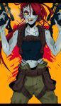  anthro clothed clothing dual_wielding eye_patch eyewear female fish gills grin gun hair holding_object holding_weapon marine ranged_weapon red_hair shirt smile solo tank_top undertale undyne video_games weapon 