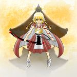  androgynous blonde_hair braid breastplate cape full_body gradient_ray heart heart_hair japanese_clothes len'en long_hair ooama_no_ake_no_mitori solo twin_braids weapon yellow_eyes 