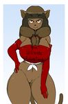  2017 anthro armwear arnachy big_breasts bottomless breasts brown_hair clothed clothing ecaflip english_text feline female gradient_background hair hi_res long_hair looking_at_viewer mammal miranda_(wakfu) pussy simple_background smile solo text wakfu 