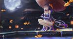  1girl bare_shoulders blue_gloves blurry blurry_background blurry_foreground breasts building center_opening china_dress chinese_clothes choker closed_mouth cloud cloudy_sky criss-cross_halter dress elbow_gloves eyebrows_visible_through_hair fish full_moon gloves halterneck high_heels highres long_hair looking_at_viewer medium_breasts moon night oriental_umbrella original outdoors purple_hair red_eyes side_slit sky solo squatting thighlet umbrella very_long_hair wangchuan_de_quanyan watermark 