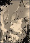  2017 anthro armband belt canine clothed clothing disney duo female fox judy_hopps lagomorph licking licking_lips male mammal monochrome nick_wilde outside rabbit standing thewyvernsweaver tongue tongue_out tree zootopia 