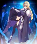  armor armored_dress black_bow blonde_hair blue_background blue_cape blue_eyes blush boots bow braid breasts cape chain dress fate/apocrypha fate_(series) faulds frown full_body gauntlets gorget hair_ribbon headpiece jeanne_d'arc_(fate) jeanne_d'arc_(fate)_(all) large_breasts long_hair looking_at_viewer pop_kyun purple_dress purple_legwear ribbon single_braid solo thighhighs tress_ribbon underbust v-shaped_eyebrows very_long_hair 