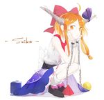  bangs belt blush bow bowtie buttons chain closed_mouth cuffs eyebrows_visible_through_hair gourd hair_bow hand_on_hip highres holding horn_bow horns ibuki_suika looking_at_viewer multicolored o_(crazyoton46) orange_hair purple_bow red_bow red_neckwear shackles shirt short_hair sidelocks sleeveless solo touhou white_shirt wristband yellow_eyes 