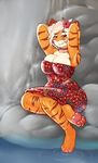  2017 arms_above_head bathing big_breasts breasts chocker clothing digital_media_(artwork) dress feline female flower mammal plant smile solo tacoyaki tiger waterfall wet yuki_(tacoyaki) 