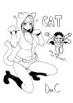  1boy 1girl animal_ears breasts cat_ears cat_girl cat_tail choker cleavage commentary_request dante_(dmc:_devil_may_cry) devil_may_cry dmc:_devil_may_cry facial_mark forehead_mark highres hood hoodie jacket kat_(devil_may_cry) large_breasts medium_hair meme50 monochrome open_mouth spray_can tail 