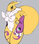  2015 absurd_res anthro black_sclera blush breasts canine chest_tuft color_edit colored digimon edit female florecentmoo fluffy fluffy_tail fur hi_res mammal navel nipples nude purple_fur pussy renamon simple_background solo standing thick_thighs tuft voluptuous white_fur wide_hips yellow_fur 