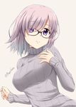  breasts commentary_request eyebrows_visible_through_hair fate/grand_order fate_(series) fuuma_nagi glasses grey_background grey_sweater mash_kyrielight md5_mismatch medium_breasts signature smile solo sweater twitter_username 