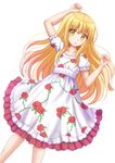  :o arm_up bangs blonde_hair blush collarbone commentary commission dress eyebrows_visible_through_hair fingernails floral_print frilled_sleeves frills hair_between_eyes hand_up highres kazenokaze long_hair looking_at_viewer lying on_back original parted_lips print_dress puffy_short_sleeves puffy_sleeves rose_print short_sleeves sidelocks solo very_long_hair white_dress yellow_eyes 