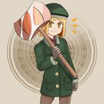  axe blonde_hair cowboy_shot eyebrows_visible_through_hair fate/grand_order fate_(series) gloves gradient_ray hat jacket looking_at_viewer pantyhose paul_bunyan_(fate/grand_order) short_hair smile solo weapon yellow_eyes 