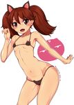  absurdres animal_ears bikini brown_eyes brown_hair cat_ears cat_lingerie commentary_request flat_chest highres kantai_collection masakichi_(heppouku) meme_attire micro_bikini navel ryuujou_(kantai_collection) solo sweat swimsuit underwear 