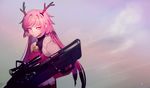  anti-materiel_rifle antlers bangs bell closed_mouth commentary expressionless fur_trim girls_frontline gun hair_intakes highres holding holding_gun holding_weapon jingle_bell long_hair looking_to_the_side ntw-20 ntw-20_(girls_frontline) outdoors pink_eyes pink_hair rifle scope sidelocks sniper_rifle sobi_(dnenqkswja) solo very_long_hair weapon 