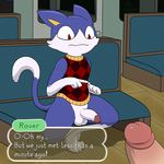  2017 3_toes animal_crossing anthro balls blue_fur claws clothed clothing dialogue digital_media_(artwork) duo english_text erection faceless_male feline firebadger fur glans hi_res human humanoid_penis looking_at_penis male male/male mammal nervous nintendo partially_clothed pawpads paws penis red_eyes rover_(animal_crossing) sitting solo_focus sweater sweater_vest text toe_claws toes train turtleneck vehicle video_games white_fur 