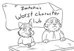  2016 anthro benjamin_clawhauser black_and_white canine cheetah clothed clothing digital_media_(artwork) disney duo english_text feline fox gideon_grey humor male mammal monochrome police_uniform sign simple_background table text tggeko uniform white_background zootopia 