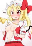  ascot belt blonde_hair blush bow breasts fang flandre_scarlet hat hat_bow highres long_hair mob_cap navel nipples no_bra open_clothes open_shirt puffy_short_sleeves puffy_sleeves red_bow red_eyes red_skirt shirt short_sleeves skirt small_breasts suwa_yasai touhou vest white_hat wings wrist_cuffs 
